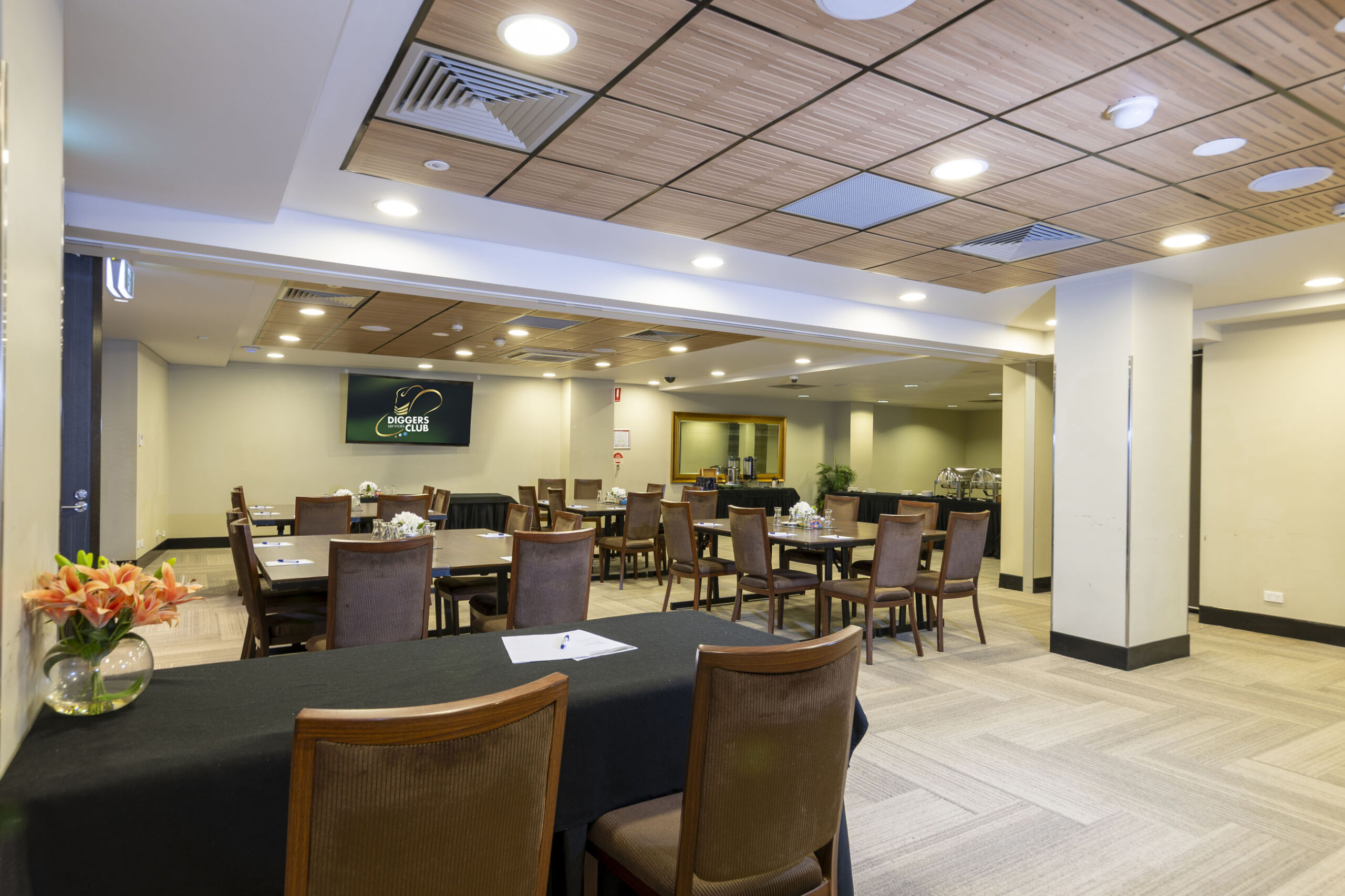 Kensington Room set for a banquet function at Diggers Services Club