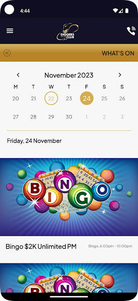 Diggers Services Club Membership App What's On and Bingo calendar screen