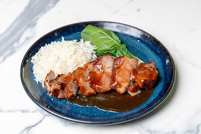 Char Siu Pork Scotch Fillet with Rice and Bok Choy at Essence Restaurant